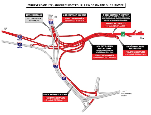 Carte des fermetures de routes dans le cadre des travaux de reconstruction de l'échangeur Turcot. Carte des fermetures de routes dans le cadre des travaux de reconstruction de l'échangeur Turcot.