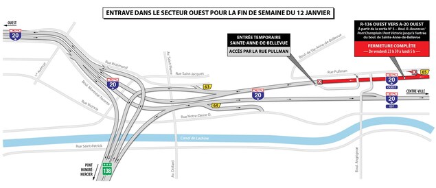 Carte des fermetures de routes dans le cadre des travaux de reconstruction de l'échangeur Turcot. Carte des fermetures de routes dans le cadre des travaux de reconstruction de l'échangeur Turcot.