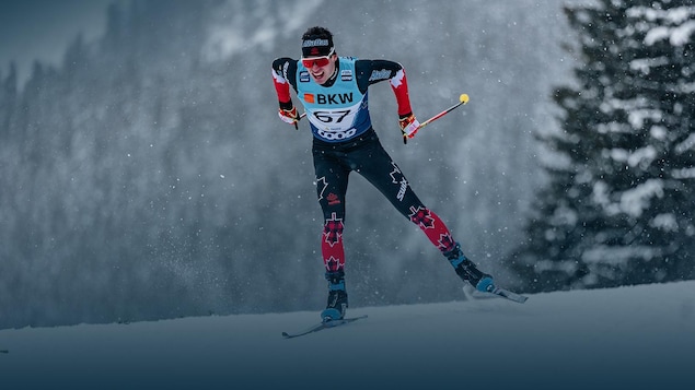 Un skieur de fond skie avec effort.