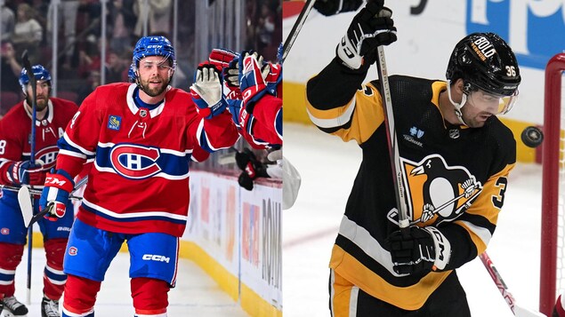 Les attaquants Brandon Gignac et Colin White, dans l'uniforme des Canadiens de Montréal et des Penguins de Pittsburgh respectivement