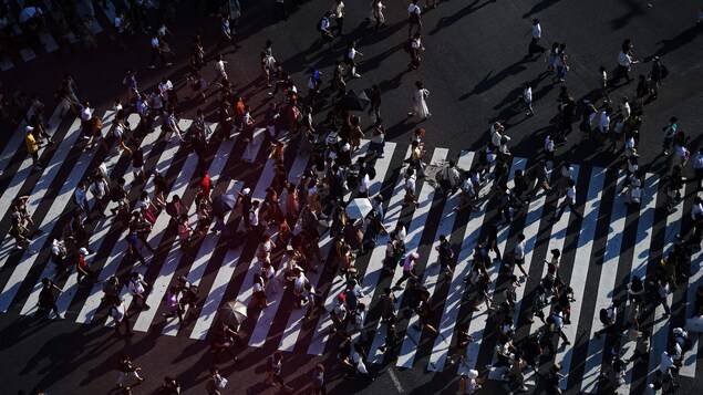 Des piétons traversent la rue dans le quartier Shibuya à Tokyo.