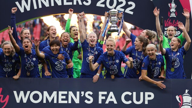 Les joueuses Magdalena Eriksson et Millie Bright tiennent le trophée, entourées de leurs coéquipières, toutes en bleu, et posent pour la photo avec de larges sourires après leur victoire en finale de la FA Cup. 