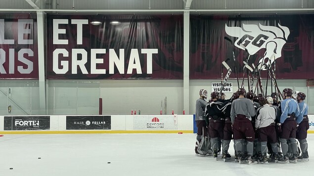 Des joueurs de hockey sont rassemblés au centre de la glace pendant un entraînement.