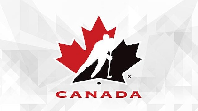 Un logo rouge, blanc et noir avec une feuille d'érable et un joueur de hockey