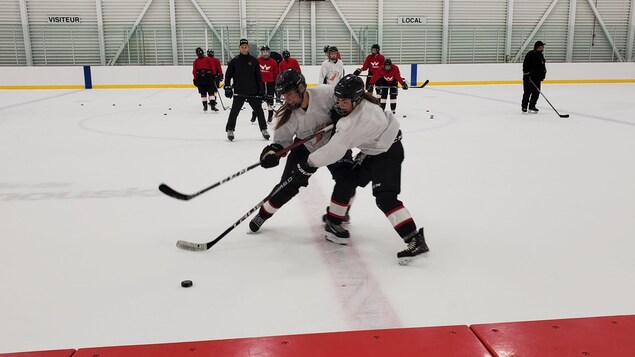 Deux hockeyeuses bataillant pour la rondelle pendant le camp d'entraînement