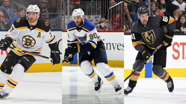 Patrice Bergeron, des Bruins de Boston, Ryan O'Reilly, des Blues de St. Louis, et Mark Stone, des Golden Knights de Vegas