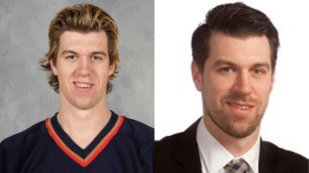 À gauche, Jeff Drouin-Deslauriers au début du camp des Oilers en 2006. À droite, lors de son embauche par la compagnie Cushman & Wakefield.