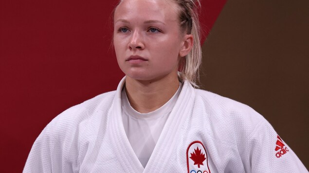 Canada's Jessica Klimkait gets ready to compete against Bulgaria's Ivelina Ilieva in the judo women's -57kg elimination round bout during the Tokyo 2020 Olympic Games at the Nippon Budokan in Tokyo on July 26, 2021. (Photo by Jack GUEZ / AFP) (Photo by JACK GUEZ/AFP via Getty Images)