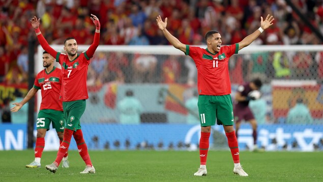 Des joueurs de soccer marocains lèvent leurs bras en l'air.