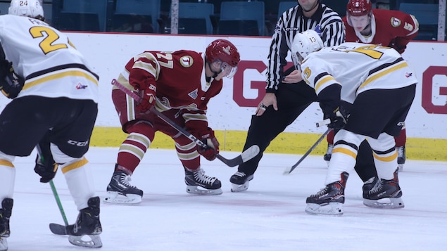 Deux joueurs sur la patinoire, penchés, devant un arbitre, avant une mise au jeu.