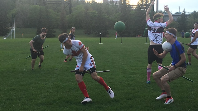 Des joueurs des Aurors d'Edmonton s'affrontent lors d'un match intra-équipe.