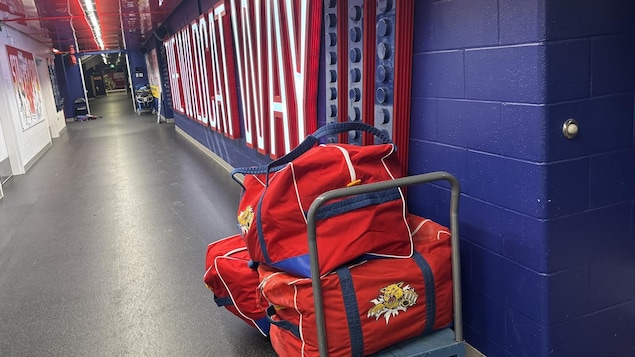 Sac de hockey dans un corridor, devant une inscription lumineuse The wildcat way.