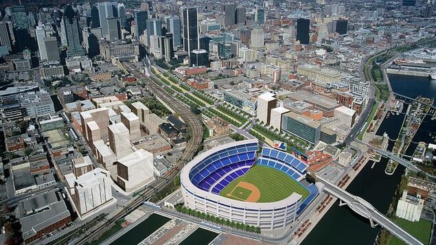 Un dessin par ordinateur d'un futur stade dans le bassin Peel, à Montréal Un dessin par ordinateur d'un futur stade dans le bassin Peel, à Montréal