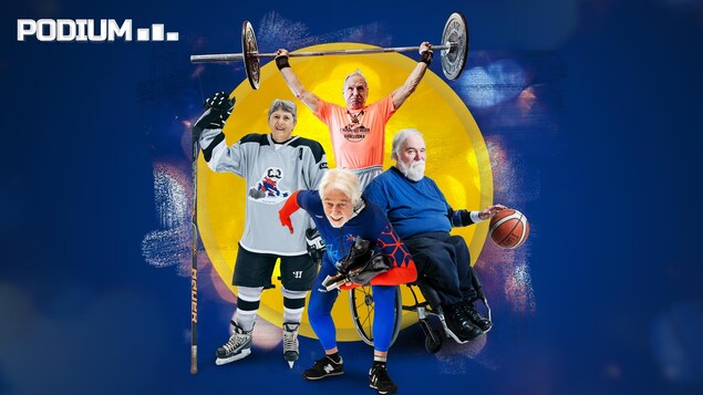 Une hockeyeuse, un basketteur en fauteuil roulant, un patineur de vitesse et un haltérophile regardent la caméra en souriant.