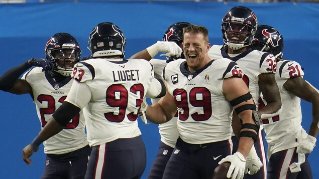 Les joueurs de l'équipe de football des Texans de Houston se félicitent sur le terrain après un touché.