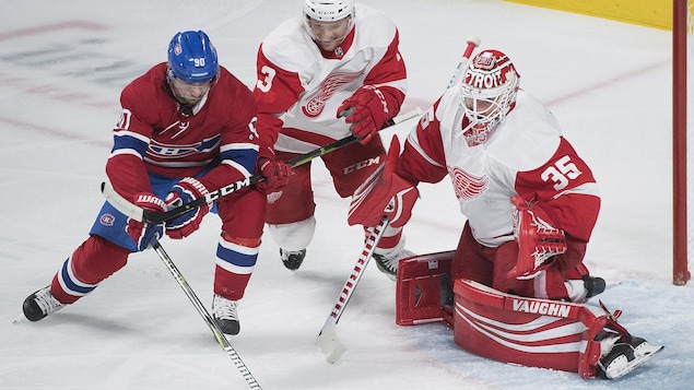 Tomas Tatar (à gauche) tente de déjouer son ancien coéquipier Jimmy Howard. Tomas Tatar (à gauche) tente de déjouer son ancien coéquipier Jimmy Howard.