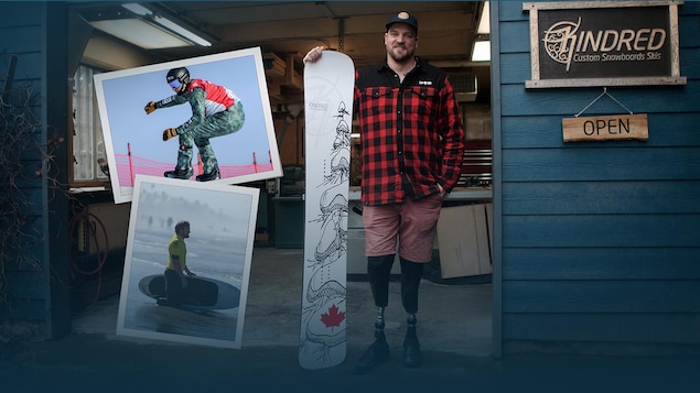 Un athlète de parasurf des neiges tient sa planche en regardant la caméra.