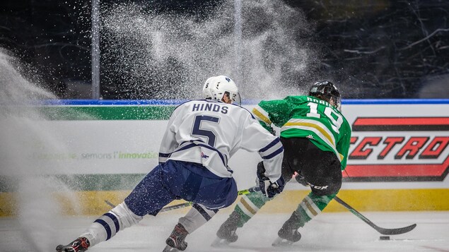 Deux joueurs de hockey freinent pendant un match et soulève un énorme nuage de neige.