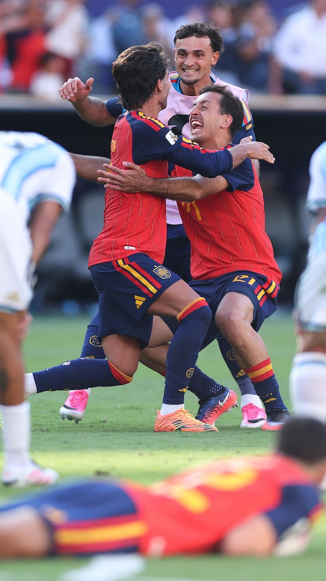 Des joueurs espagnols jubilent, tandis que des argentins s'écroulent sur la pelouse.