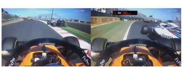 Lance Stroll trop large dans la courbe 130R, Fernando Alonso tente de passer au freinage, mais le Québécois reprend sa trajectoire et le touche. Alonso sort de piste. Lance Stroll trop large dans la courbe 130R, Fernando Alonso tente de passer au freinage, mais le Québécois reprend sa trajectoire et le touche. Alonso sort de piste.