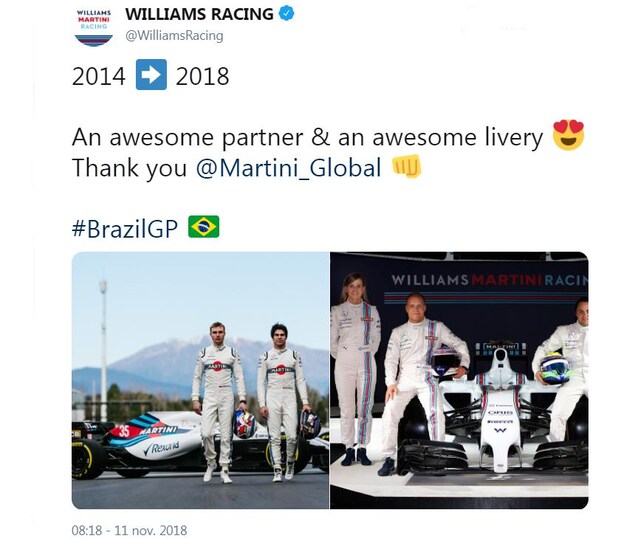 L'équipe Williams dit merci à Martini pour son partenariat depuis 2014. L'équipe Williams dit merci à Martini pour son partenariat depuis 2014.