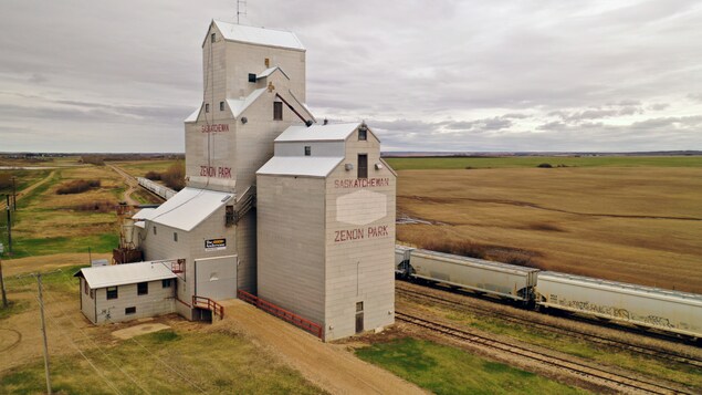 Le silo à grain de Zenon Park, en Saskatchewan, avec un train et un champ, en mai 2022.