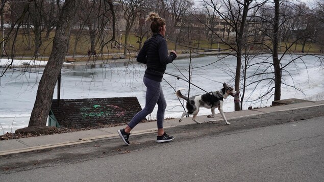 Une femme fait de la course à pied avec son chien.