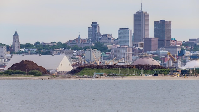 Vue d'immeubles de la ville de Québec et des installations portuaires avec en avant-plan la baie de Beauport, sur le fleuve Saint-Laurent. 