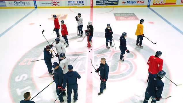 Une pratique des Pats de Regina, en Saskatchewan, de la Ligue de hockey junior de l'Ouest (WHL), en novembre 2023.