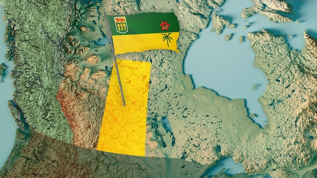 Carte géographique du Canada avec la Saskatchewan en jaune, illustrée du drapeau de la province.
