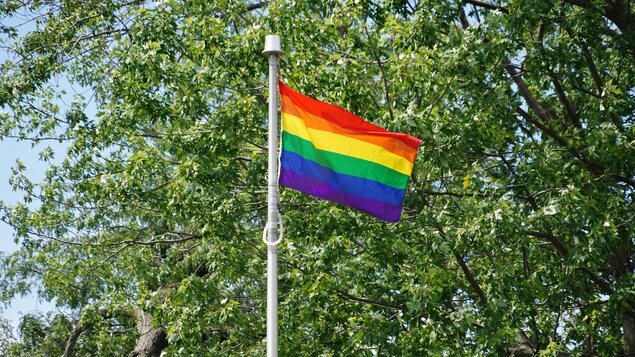 Le drapeau LGBTQ+ est dressé sur un poteau.