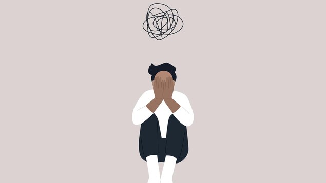 Dessin d'une personne assise sur le sol avec ses mains sur le visage. Il y a des traits qui forment un nuage au-dessus de sa tête.