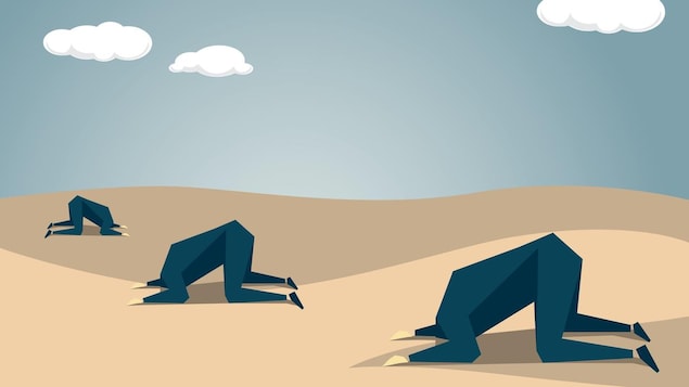 Illustration de trois hommes qui ont la tête enfouie dans le sable.