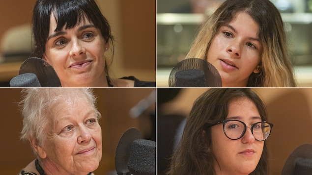 Mélissa Lefebvre, Sofia Barange Garzon, Marguerite Dorion et Victoria Barcellos Quialheiro au micro de Stéphan Bureau.