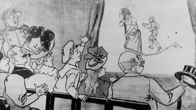 Dessin d'un public regardant le film L'arroseur arrosé, de Louis Lumière, tiré d'une affiche promotionnelle de 1895.