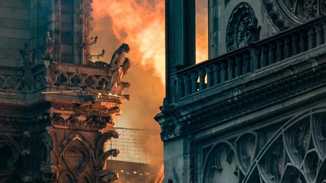 Les flammes et la fumée sont visibles près des gargouilles décorant le toit et les flancs de la cathédrale Notre-Dame de Paris.