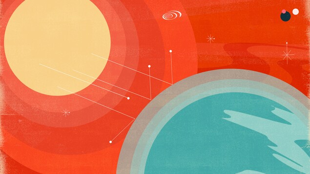 Cette illustration montre un soleil dont les rayons sont reflétés par une couche externe de l'atmosphère de la Terre. 