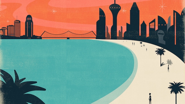 Une illustration montrant une ville futuriste au loin avec, au premier plan, une plage parsemée de palmiers devant une eau bleue.