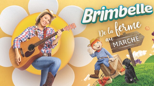 Affiche du spectacle Brimbelle, De la ferme au marché : on voit Brimbelle avec la marionnette Foin Foin, un chien, un apalga, des légumes, de la lavande, de la verdure et un camion 
