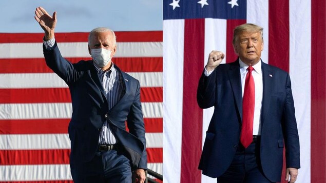 Joe Biden et Donald Trump debout devant un drapeau des États-Unis.