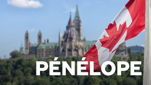 Le drapeau canadien se tient devant le parlement.