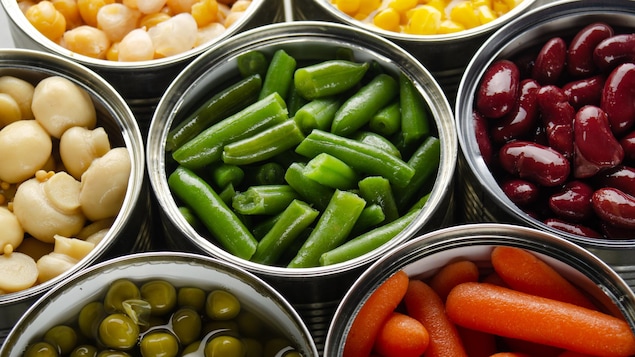 Différentes boîtes de conserve avec différents légumes et différentes légumineuses.