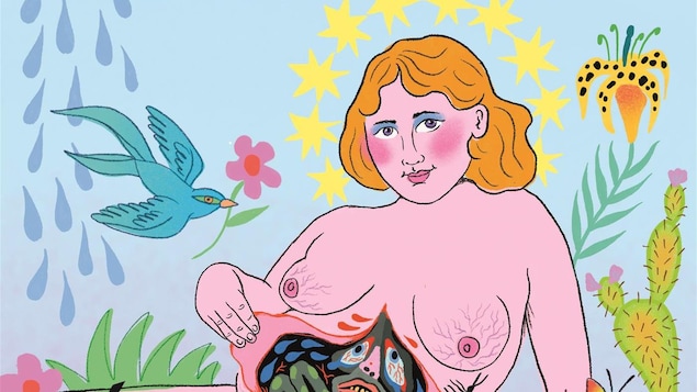 Le dessin d'une femme nue qui s'ouvre l'estomac et expose un visage angoissé. 