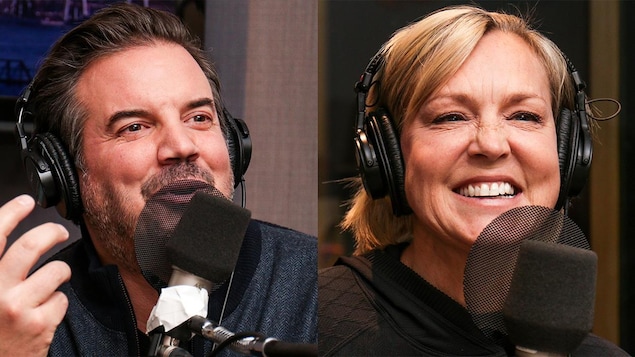 Charles Lafortune et Sophie Prégent dans un studio de radio.