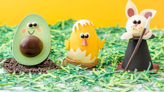 Des chocolats de Pâques. Ils ont la forme d'un avocat, d'un poussin et d'un lapin.