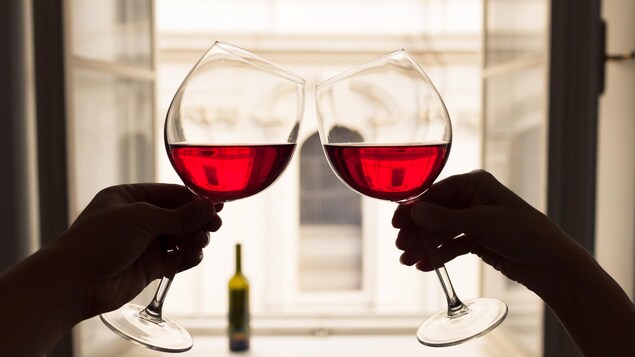 Deux personnes lèvent un toast avec leurs coupes de vin rouge.