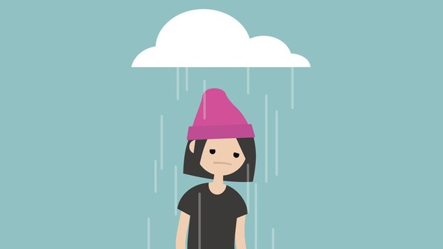 Illustration d'une jeune femme qui se promène sous un nuage de pluie. 