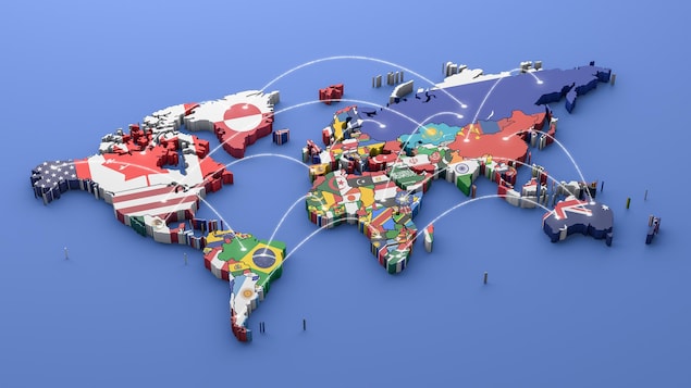 Une carte du monde en 3 dimensions avec tous les États et leurs drapeaux.
