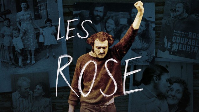 Photo d'un homme qui lève le poing en l'air, en surimpression sur des photos de famille, avec le titre « Les Rose ».