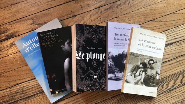 Couverture des livres "Autour d’elle","La déesse des mouches à feu",Le Plongeur, "Ton métier, le mien, le Québec" et "La renarde et le mal peigné".